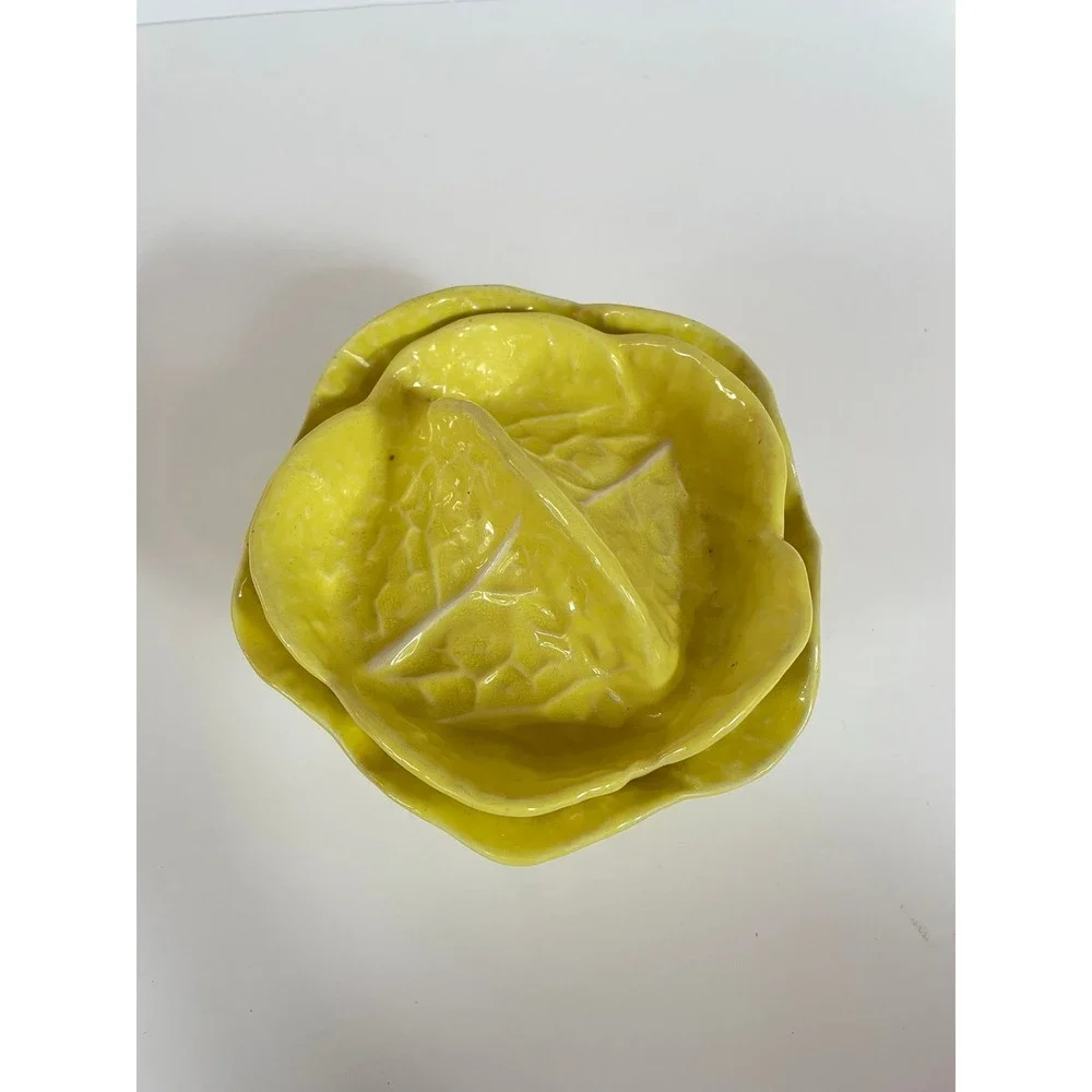 Vintage Yellow Cabbage Leaf Ceramic Lidded Sugar Bowl Majolica Style Jar